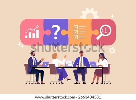Business Team Brainstorm concept. Vector flat style abstract illustration of a group of diverse people at a desk discussing a project made with puzzle pieces above their heads.