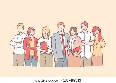 Business team, brainstorm, cooperation concept. Group of young smiling business workers standing with documents in team together in office and looking at camera vector illustration 