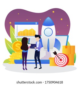 Business team brainstorm, data and rocket. Vision statement, business and company mission, business planning concept. Vector illustration