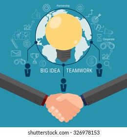 Business team brainstorm and get big idea. Cooperate global business success concept. Icons design. Cartoon Vector Illustration.
