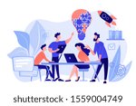 Business team brainstorm idea and lightbulb from jigsaw. Working team collaboration, enterprise cooperation, colleagues mutual assistance concept. Pinkish coral bluevector isolated illustration