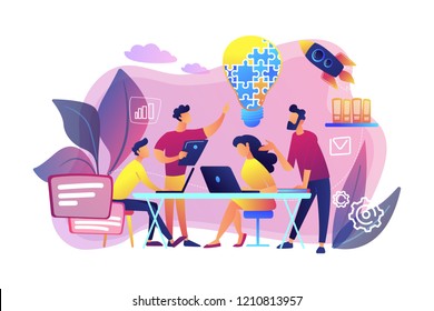 Business team brainstorm idea and lightbulb from jigsaw. Working team collaboration, enterprise cooperation, colleagues mutual assistance concept. Bright vibrant violet vector isolated illustration