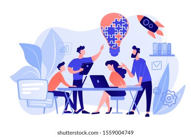 Business team brainstorm idea and lightbulb from jigsaw. Working team collaboration, enterprise cooperation, colleagues mutual assistance concept. Pinkish coral bluevector isolated illustration