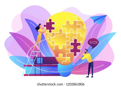 Business team brainstorm, lightbulb and rocket. Vision statement, business and company mission, business planning concept on ultraviolet background. Bright vibrant violet vector isolated illustration