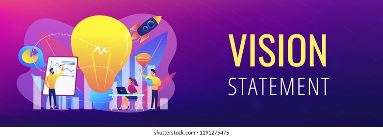 Business team brainstorm, lightbulb and rocket. Vision statement, business and company mission, business planning concept on white background. Header or footer banner template with copy space.