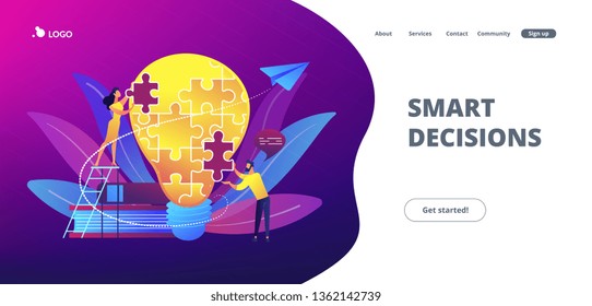 Business team brainstorm, lightbulb and rocket. Vision statement, business and company mission, business planning concept on ultraviolet background. Website vibrant violet landing web page template.
