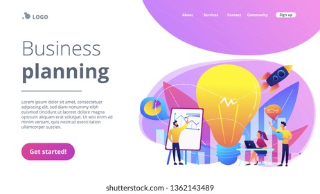 Business team brainstorm, lightbulb and rocket. Vision statement, business and company mission, business planning concept on white background. Website vibrant violet landing web page template.