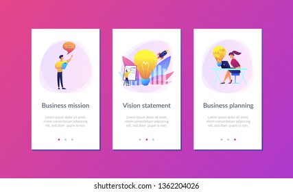 Business team brainstorm, lightbulb and rocket. Vision statement, business and company mission, business planning concept on white background. Mobile UI UX GUI template, app interface wireframe