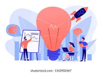 Business team brainstorm, lightbulb and rocket. Vision statement, business and company mission, business planning concept on white background. Pink coral blue vector isolated illustration