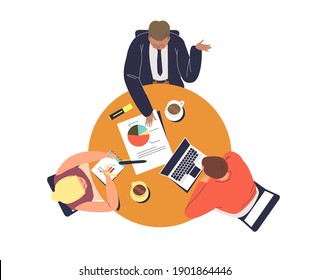 Business Team Brainstorming. Boss Sitting Together With Workers At Diagrams And Laptop At Round Table. Top View Of Three Colleagues Working On New Strategy Or Startup Plan. Flat Vector Illustration