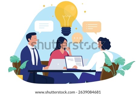 Business team brainstorming and collaborating on new ideas, solving problems and developing strategy at a meeting with a giant lightbulb and speech bubbles, flat design vector illustration