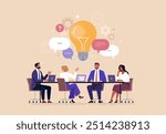 Business Team Brainstorming Concept. Vector illustration in flat style of a group of diverse people sitting at a desk and discussing an idea. Isolated on background 