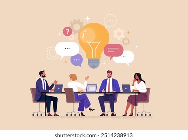 Business Team Brainstorming Concept. Vector illustration in flat style of a group of diverse people sitting at a desk and discussing an idea. Isolated on background 