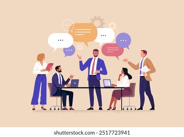 Business Team Brainstorming Concept. Vector illustration in flat style of a group of diverse people at a desk having a discussion with speech bubbles over their heads. Isolated on background 