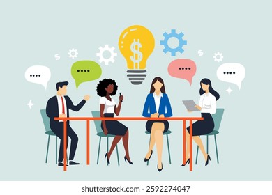 Business Team Brainstorming Concept. Vector illustration in flat style of a group of diverse people sitting at a desk and discussing an idea. Isolated on background