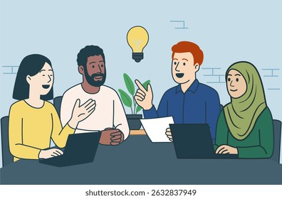 Business Team Brainstorming Concept. Vector illustration in flat style of a group of diverse people sitting at a desk and discussing an idea. Isolated on background