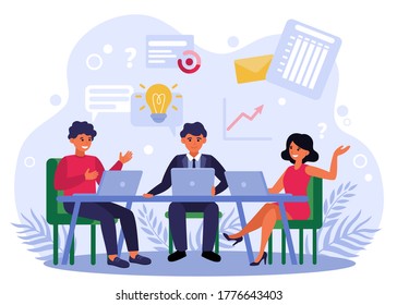 Business team brainstorming and discussing startup project isolated flat vector illustration. Cartoon businesspeople sitting at table and working with laptops. Company workflow and teamwork concept