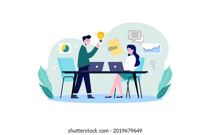 Business team brainstorming and discussing startup project illustration