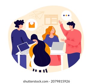 Business team brainstorming. Group of people talking about new ideas. Employees show way to improve performance. Innovation, market expansion, marketing solution. Cartoon flat vector illustration