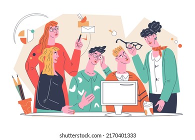 Business team brainstorming meeting, communication of colleagues and partners, negotiations concept with group of people company crew together, flat vector illustration isolated on white background.