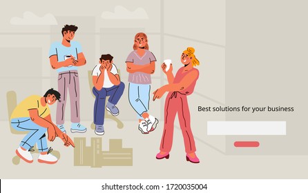 Business team brainstorming meeting for finding  business solution and company development strategy creation. Market technology and communication website template. Flat vector illustration.