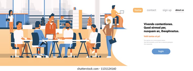 Business team brainstorming meeting group businesspeople sitting together office discussing flat banner copy space vector illustration