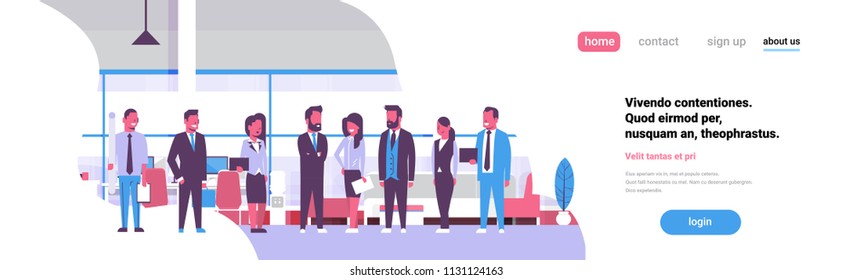 Business team brainstorming meeting group businesspeople standing together office discussing flat banner copy space vector illustration