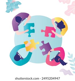 Business team brainstorming. People join puzzles. Office workers sitting at table. Desk top view. Employees cooperation. Business people negotiation. Teamwork discussion. flat vector illustration