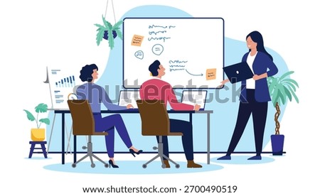 Business team brainstorming and presenting strategy in a modern office, two colleagues watching a female presenter write notes on a whiteboard, flat design vector illustration on white background
