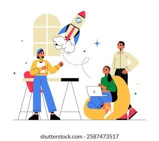 Business Team Brainstorming With Rocket Launch In Flat Vector Illustration Symbolizing Startup Strategy, Innovation, And Entrepreneurship, Isolated On White Background.