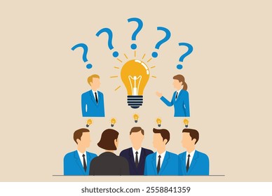 Business team brainstorming under a glowing lightbulb and question marks, symbolizing innovation, collaboration, and problem-solving. Ideal for presentations, workshops, teamwork, and strategy visuals
