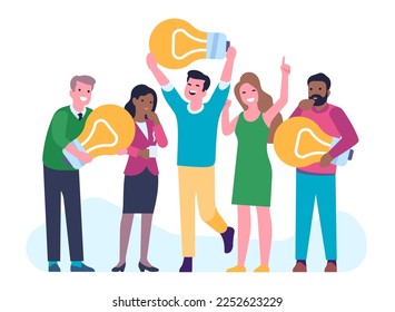 Business team brainstorms and finds solution. Happy people with lightbulbs. Employees group. Men and women searching decision. Successful businessmen. Workers holding