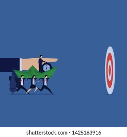 Business team bring boss boat to goal while manager steering to it. Illustration For Wallpaper, Banner, Background, Book Illustration, And Web Landing Page.