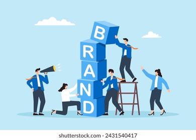 Business team build word BRAND using blocks. Concept of brand awareness, strategies to promoting products and sales, marketing, and advertising to enhance company reputation