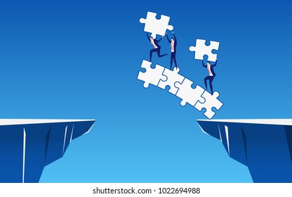 Business team building a puzzle bridge to cross through the gap between hill. Business Teamwork ,risk and success concept. Cartoon Vector Illustration.