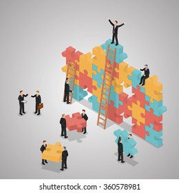 A Business Team Building A Puzzle Jigsaw. Teamwork Business Concept. Isometric Illustration Vector.