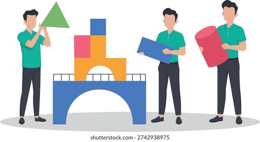 Business Team Building a Solid Foundation and Structure with Geometric Blocks