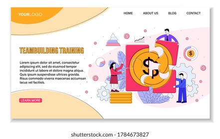 Plantilla de formación de Business Team Building Training que muestra a colegas de negocios trabajando juntos en un rompecabezas con signo de dólar, ilustración vectorial de color