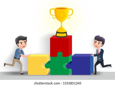 Business team building vector character concept. Business office employee building puzzle activity with golden cup trophy element in white empty background. Vector illustration.