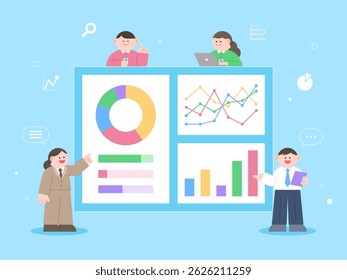 Business team. Businessmen are giving a presentation while looking at data graph charts.