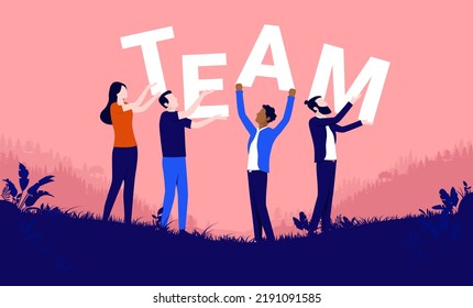 Business team - Businesspeople in casual clothes being great and working together holding up big word. Teamwork concept, flat design vector illustration