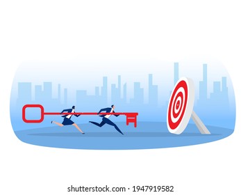 Business team carries huge key to goal concept. working together  team achievement,Metaphor is key to success. Flat vector illustration