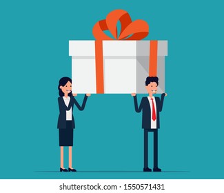 Business team carrying huge gift box. Vector illustration in cartoon vector style