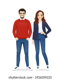 Business Team. Casual Business Man And Woman Standing Isolated Vector Illustration
