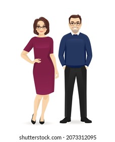 Business team. Casual mature business man and woman standing isolated vector illustration