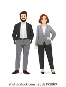 Business team. Casual business mature man and woman standing isolated vector illustration