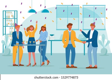 Business team celebrate birthday party flat vector illustration. Anniversary entertainment. Festive event with colleagues. Employees have together cocktails on office party cartoon characters