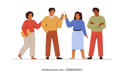 Business team celebrate success of finished project. Men and women work together in collaboration and giving high five with joy. Unity and support between colleagues and partners. Vector illustration