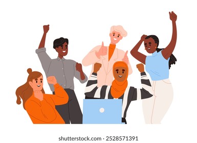 Equipe de negócios comemora o sucesso. Mulheres e homens felizes trabalham no escritório de ternos. Cultura corporativa. Equipe diversificada de funcionários atinge metas. Ilustração de vetor plano isolada no plano de fundo branco