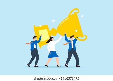 Business team celebrate victory and carry big winner trophy
